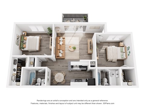 Floor plan for 2 beds, 2 baths, 881 sqft